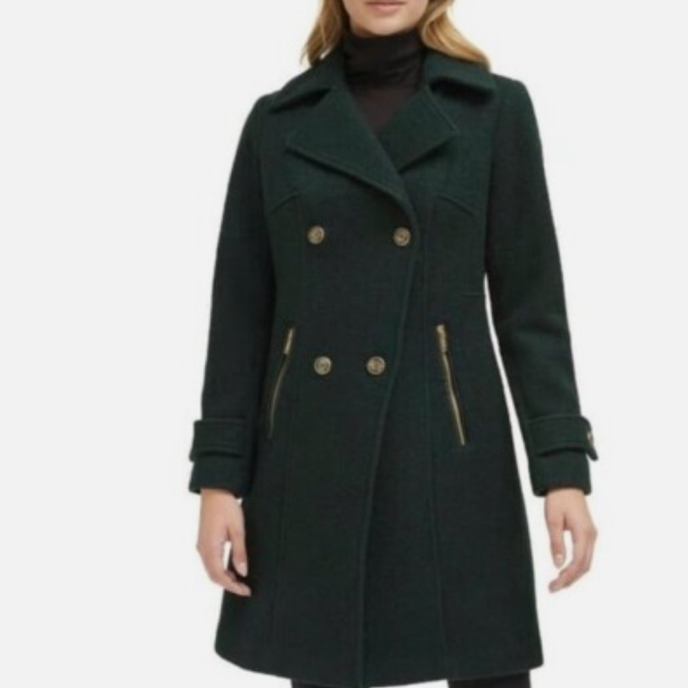 Guess Dark Green Double-Breasted Wool Blend Coat petite small